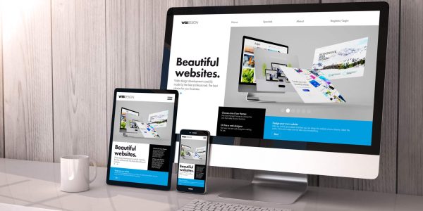 Digital generated devices on desktop, responsive cool website builder design on screen. All screen graphics are made up. 3d rendering.