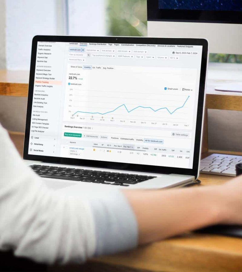 Employee At An Omaha Seo Agency Reviewing Analytics On Laptop.